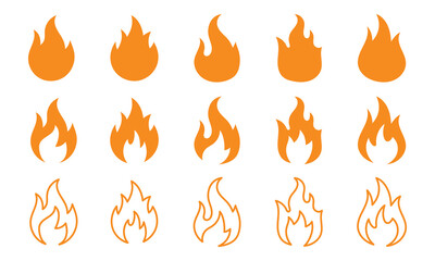 Fire illustration in flat style, set of fire vector icons. Fire warning sign