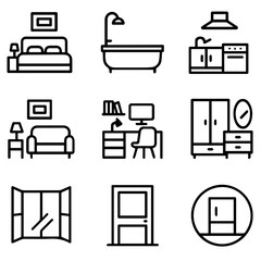 Simple Illustrated Home Interior Elements and Furniture Icons Set.