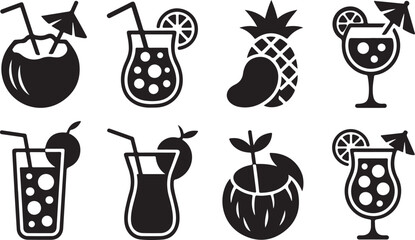 Black and White Set of Tropical Drink Silhouettes, Featuring Coconut Cocktails and Fruity Refreshments.