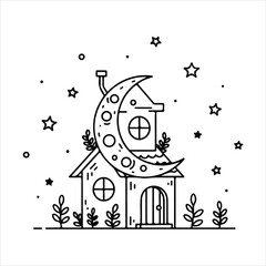 Whimsical house with crescent moon and stars illustration night