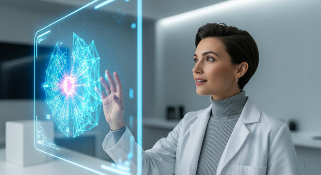 Female Scientist Interacting with Futuristic Holographic Display Showing Complex AI or Neural Network Data