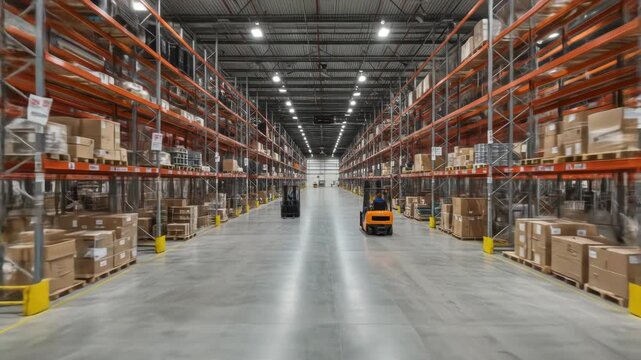 A long warehouse aisle, rows of loaded orange shelving lead to a bright end. A forklift navigates the space, while the concrete floor gleams