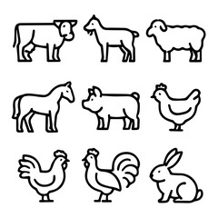 Simple Line Art Farm Animals Cow Goat Sheep Horse Pig Chicken Rooster Rabbit.