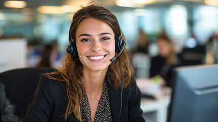 Portrait of a friendly female customer service representative with a headset smiling in a modern office