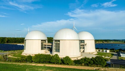 Three large, white, dome-shaped structures stand amid a landscape of solar panels and wind turbines, a modern example of renewable energy infrastructure.