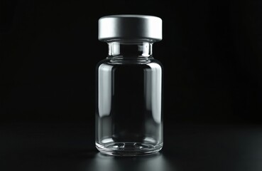 Clear glass vial with silver cap on black background. Minimalist, sterile, elegant medical bottle for science, pharma, clinical research and healthcare concepts.