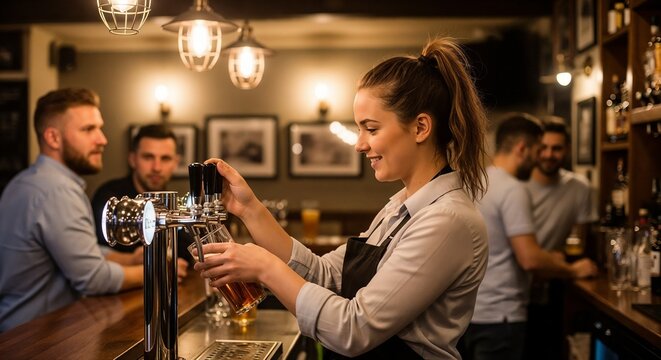 Bartender pouring beer at bar, skillful service and friendly atmosphere for happy hour customers. Bartender expertly handles tap, ensuring perfect pour with every glass, - Powered by Adobe