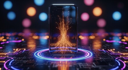 Smartphone screen shows a glowing data stream, creating an eye catching effect. Smartphone screen presents digital information with illuminated dots and vibrant colors.