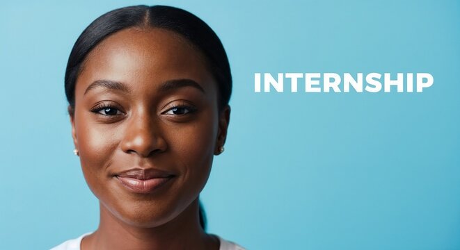Internship concept featuring young african woman against blue background. Internship demonstrates opportunity for personal development and career advancement.