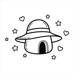 Black and white doodle of a whimsical mushroom house with stars and hearts drawing sketch