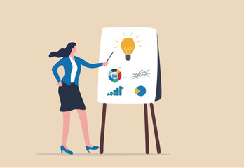 Present idea, explain solution or strategy, intelligence information, business insight for new opportunity, optimization concept, businesswoman presenting new lightbulb idea with graph and chart.