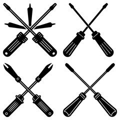Fototapeta premium Collection of four crossed screwdrivers with different heads in a black and white vector graphic style