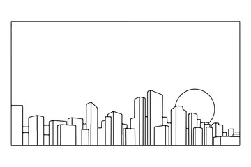 Minimalist black and white line art cityscape with a sun skyline buildings