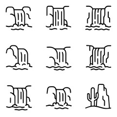 Waterfall and Desert Landscape Icons Minimalist Black Line Art Collection.