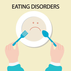 Vector illustration showing eating disorder symptoms extreme weight change, fear of food, distorted body differentiating from similar conditions like OCD, depression, and GI issues plate spoon fork