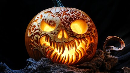 Fototapeta premium Realistic Jack O Lantern glowing softly with eerie carved features