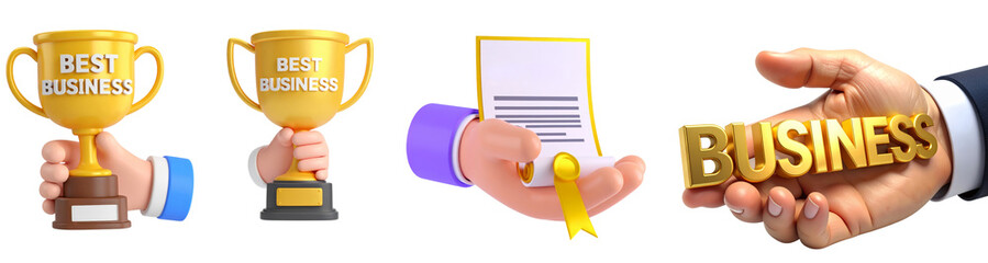 Best business trophy award certificate and business word in hand 3D cartoon style symbolizing achievement recognition and success in corporate or entrepreneurship concept