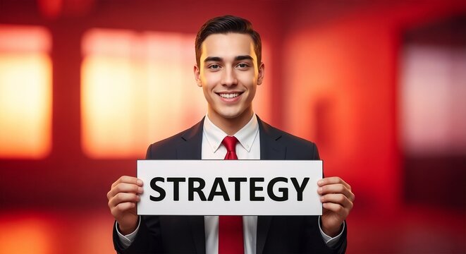 Confident man holding strategy sign, looking at camera in bright room. Strategy concept in professional office for business plan. Showing strategy in corporate setting,