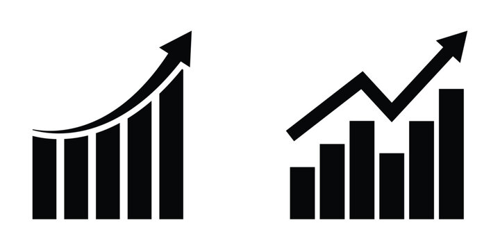 Business success growth arrow icon vector isolated on white background. Business graph with arrow. Vector growing graph icon. Growing bar graph icon. Growth vector diagram with arrow going up.