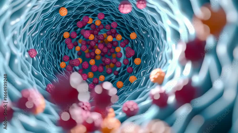 Aufkleber a microscopic view of colorful particles in a cellular structure.
