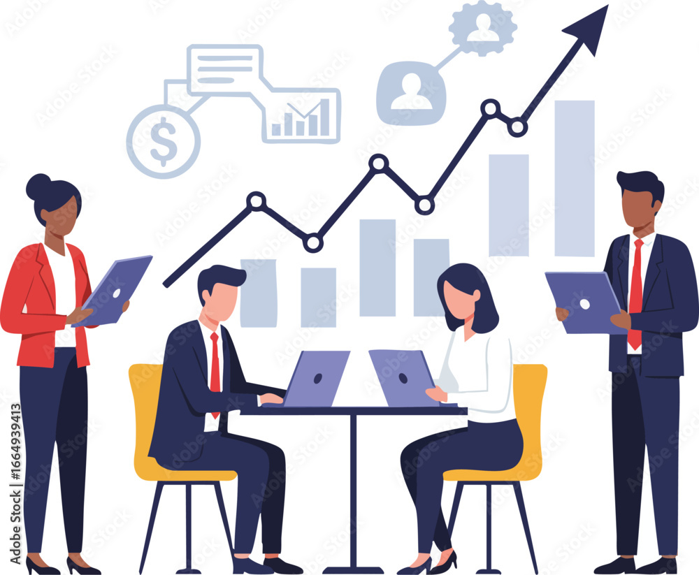 Fototapete diverse team members collaborate efficiently using digital tools and data analysis to achieve busine