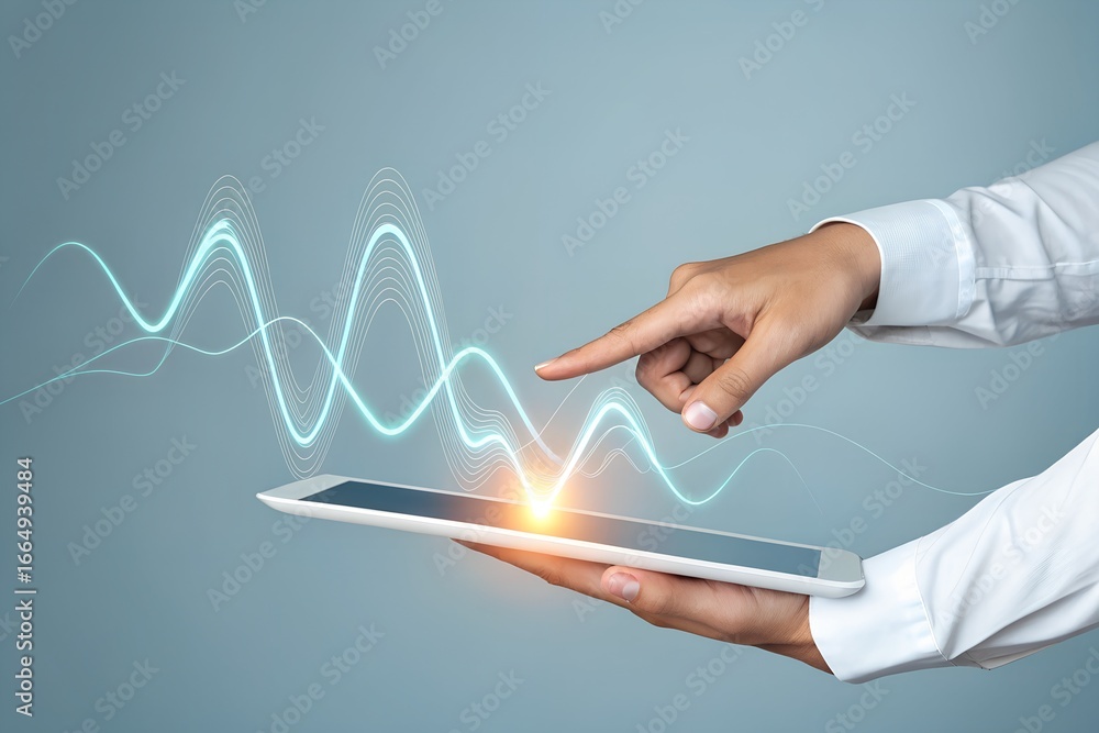 Fototapete hand using a tablet to analyze data with glowing graph overlay