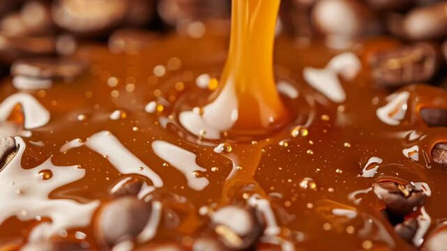 Freshly brewed coffee dripping over roasted coffee beans.