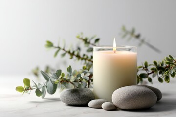 A serene still-life scene with an eucalyptus-scented candle, smooth stones, and delicate greenery on a soft white background, illuminated by a warm, gentle glow.