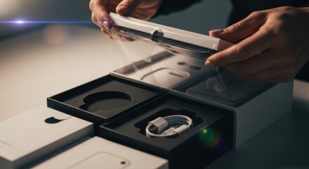 Cinematic Unboxing: Hands Gently Unveil a New Smartphone from its Premium Packaging