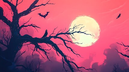 Full moon Halloween banner with vector logo ominous branches bats and a witch silhouette