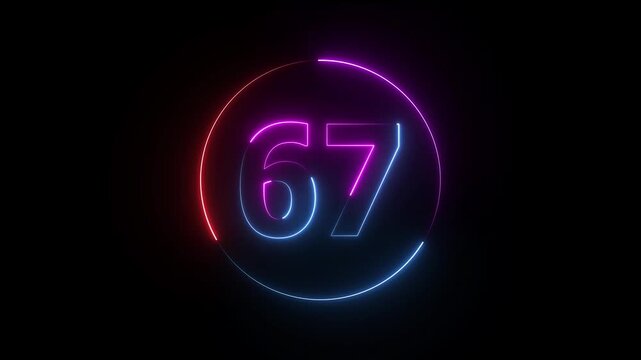 A dynamic circular animation, and glowing neon number 67 animation . on a black background. and creating a stunning video 4k video