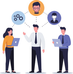 This engaging flat illustration depicts a diverse business team collaborating, networking, and managing interconnected roles within a dynamic corporate environment.
