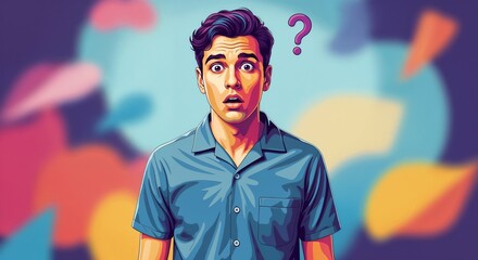 Confused man portrait with raised eyebrows, purple question mark over head. Confused man displays wide eyes in utter bewilderment. Confused man poses on abstract background,
