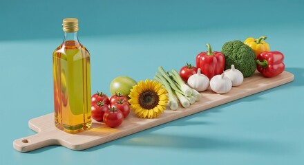 Fresh vegetables and sunflower oil on cutting board for preparing healthy meal. Ingredients for healthy meal include olive oil, garlic and fresh vegetables.