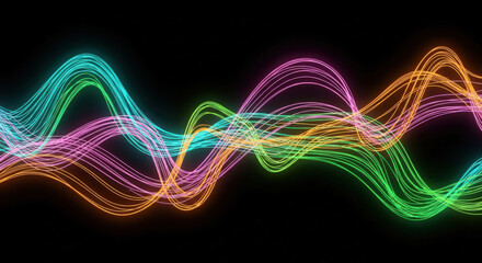 Abstract Neon Light Waves on Black Background Colorful Glowing Lines Illustration of Energy Flow and Dynamic Movement in Modern Design