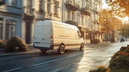 White Delivery Van Driving on City Street During Sunny Autumn Day