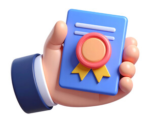 Hand holding blue certificate with gold medal and ribbon, symbolizing achievement, success, and recognition, rendered in 3D cartoon style, cheerful and professional illustration