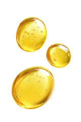 Three golden liquid droplets, glossy and textured, against a black background.  Each droplet displays a subtle, slightly rough surface with small air bubbles