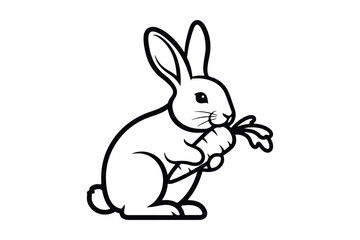 Black and white outline illustration of a rabbit eating a carrot bunny food