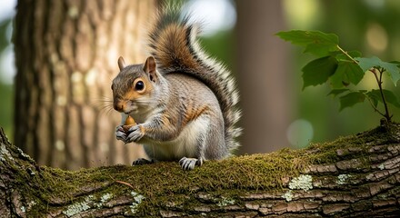 Grey Squirrel Eating Nut in Tree.