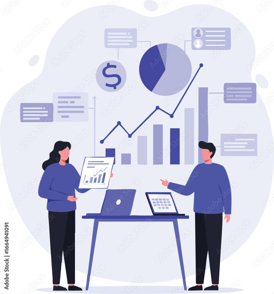 Poster two business professionals collaborate on financial data analysis, reviewing charts and graphs to op