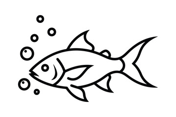 Black outline of a fish swimming with bubbles black and white