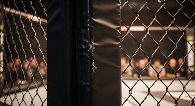 A close-up view of a chain-link fence surrounding a fighting ring, with blurred spectators visible in the background.