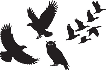 Flying Bird and Owl Silhouette Vector Set