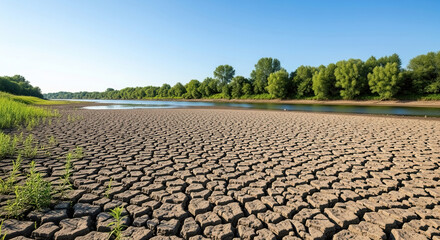 Fototapeta premium Dried riverbed with cracked earth and sparse vegetation. Contrasting drought-stricken soil with lush trees under a clear sky.