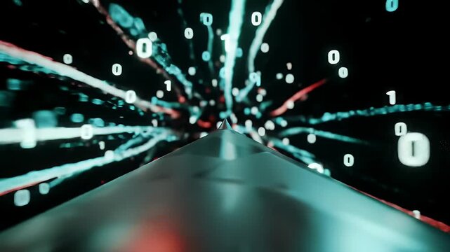 Abstract Digital Stream of Binary Code with Glowing Light Beams on a Dark High Tech Background