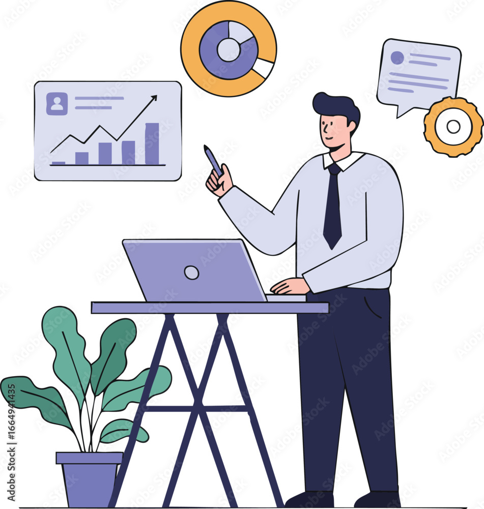 Poster a professional analyzes digital business data and metrics on a laptop, surrounded by charts and icon