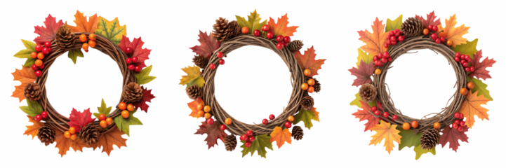 Set For autumn wreaths with colorful leaves isolated on transparent background