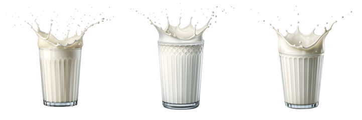 Set For glasses of milk splashing isolated on transparent background