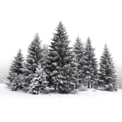 Obraz premium Snow covered pine tree group in winter forest with white background